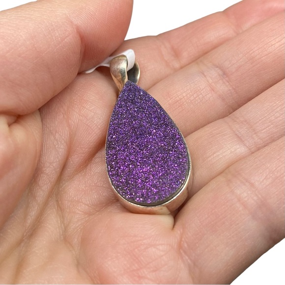Purple Titanium Druzy Necklace Pendant 925 Solid Sterling Silver - Picture 4 of 6
